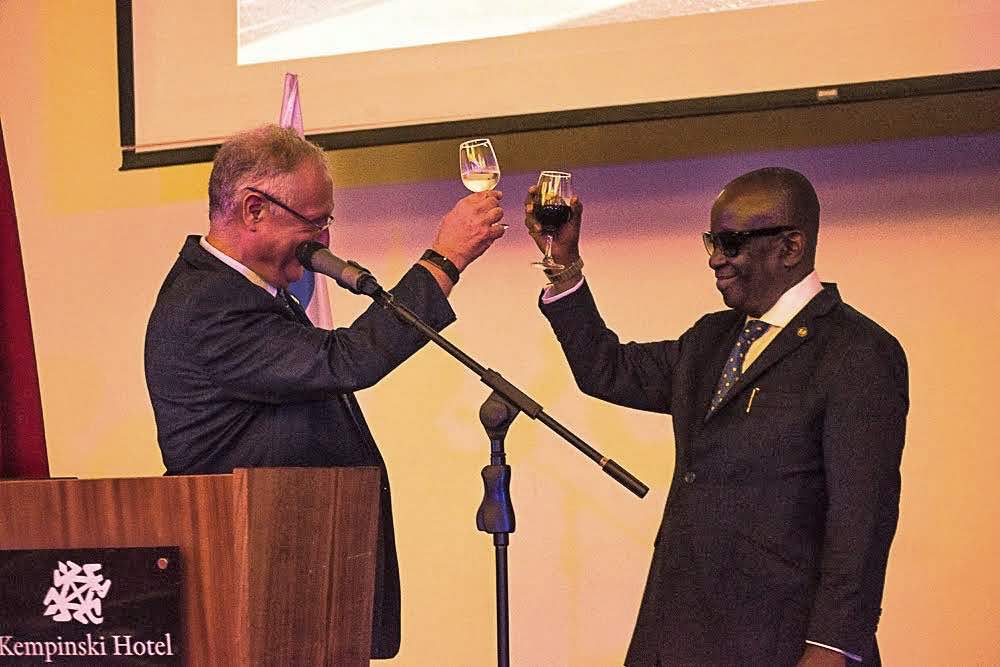 Israeli Ambassador to Ghana, H.E. Ami Mehl, toasts to Ghana's National Security Minister, Kan Dapaah on the occasion of Israel's 70th anniversary.