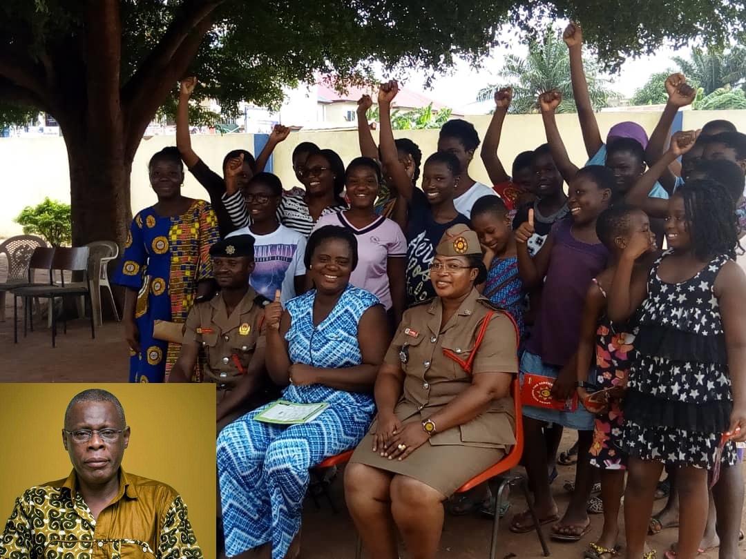 Participants in a pose with GNFS officials and Programme Organizer. (INSET: Mr. William Tsegah, Proprietor of Sky-high school.