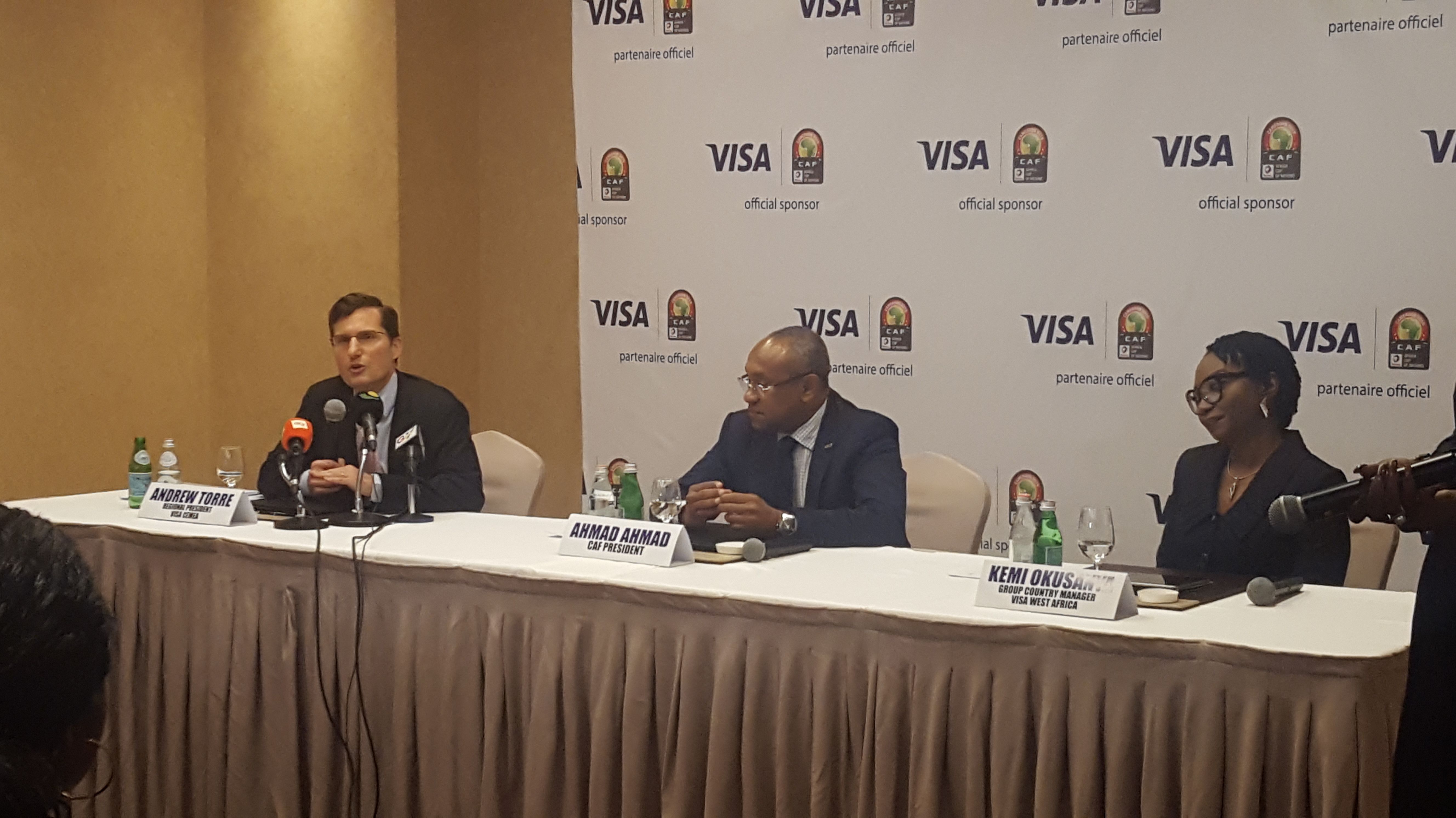 From Left:Andrew Torre (Regional President, Central & Eastern Europe, Middle East and Africa (CEMEA), Visa), Ahmad Ahmad (CAF President), Kemi Okusanya (Group Country Manager, Visa West Africa)