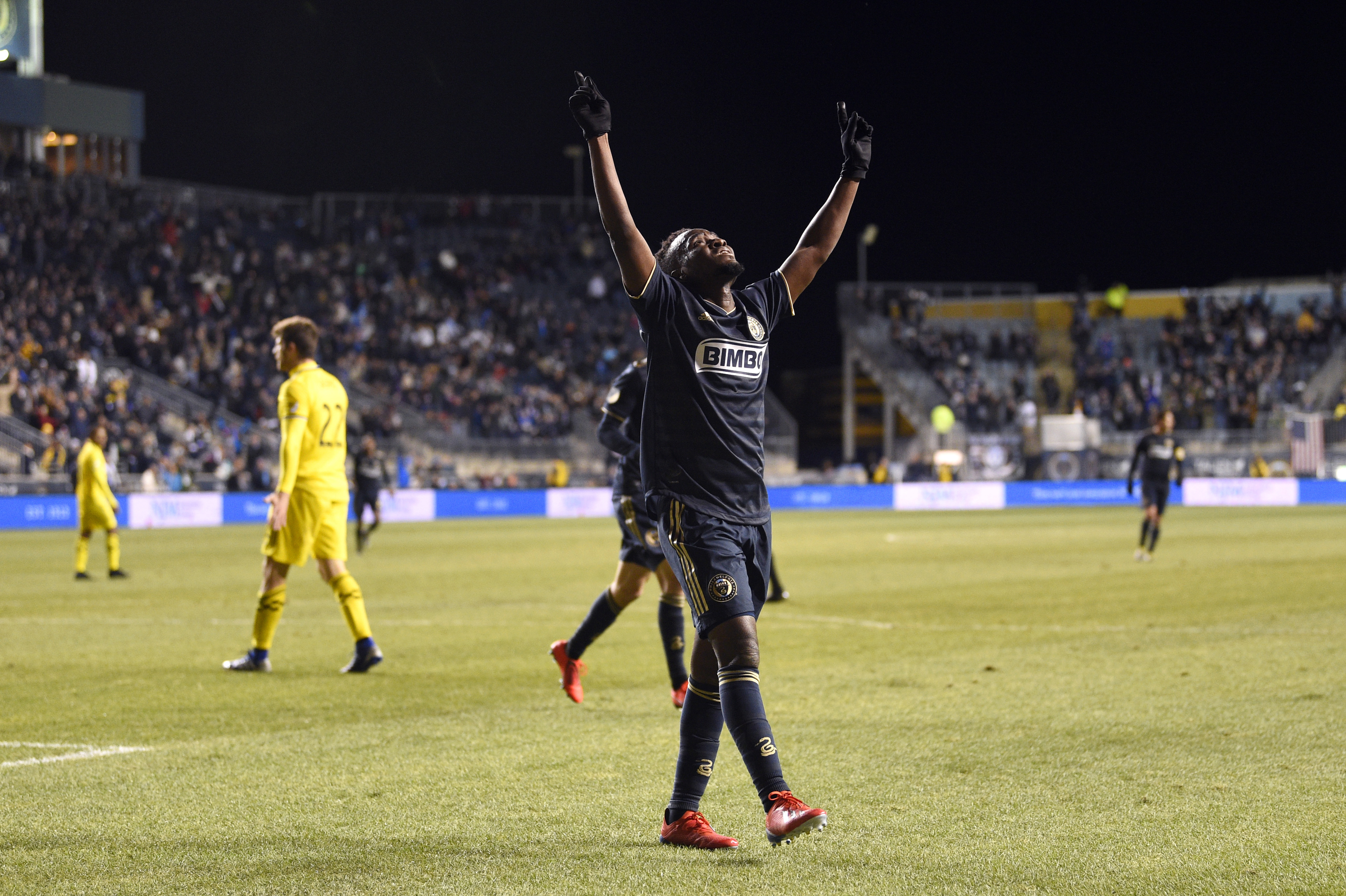 Mar 23, 2019; Philadelphia, PA, USA; Philadelphia Union forward David Accam (7) reacts after scoring his second goal against the Columbus Crew during the first half at Talen Energy Stadium. Mandatory Credit: Derik Hamilton-USA TODAY Sports