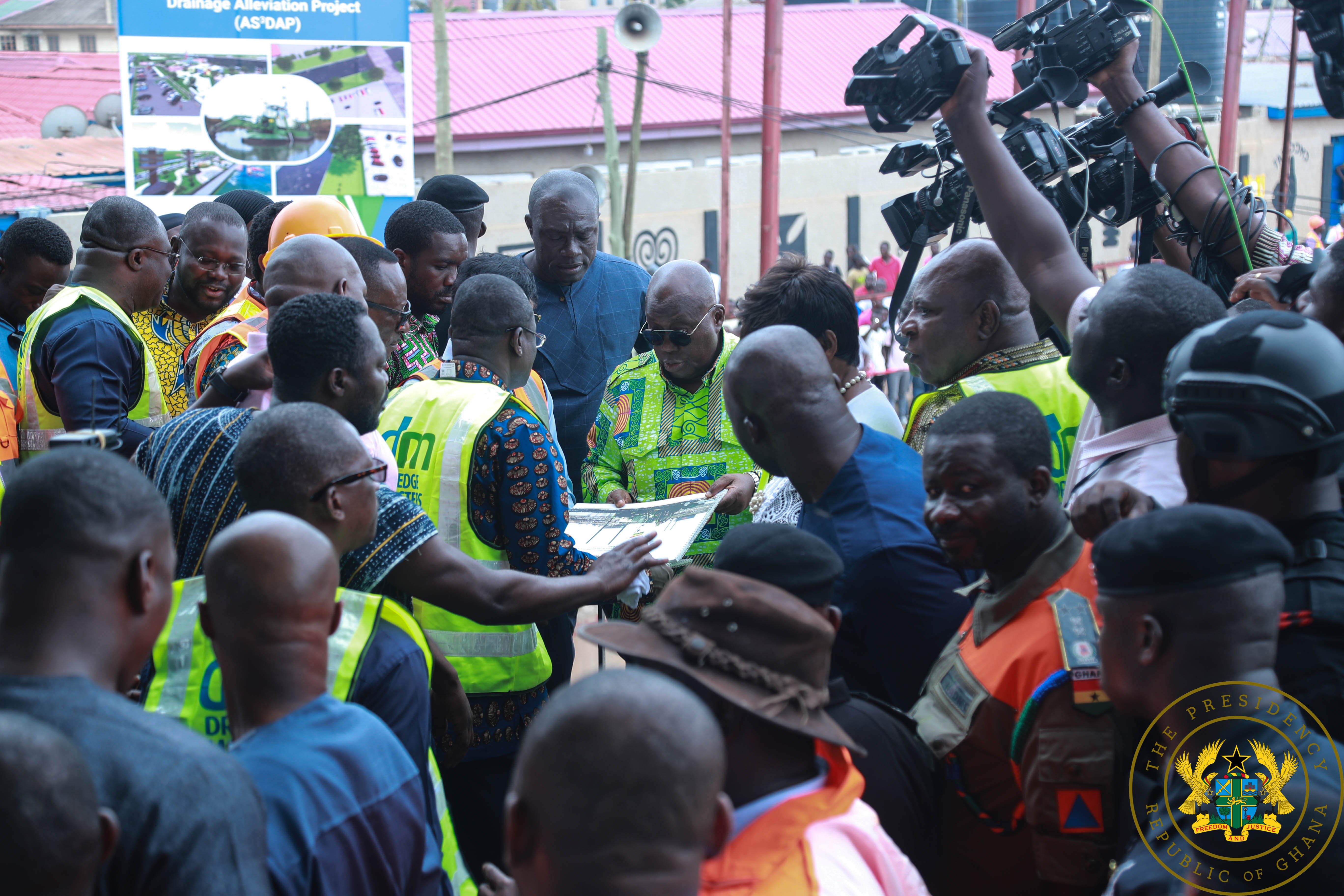President Akufo-Addo at the site of dredging works of the Odaw River