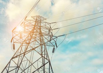 High voltage towers on skies background, Transmission line tower.