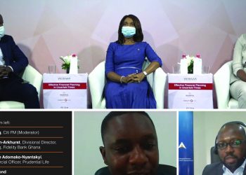 Kojo Boateng, Moderator, (top left), Nana Esi Idun-Arkhurst, Divisional Director, Retail Banking, Fidelity Bank, (Top Middle) and Vera Lynnette Adomako-Nyantakyi, Chief Commercial Officer, Prudential Life (Top Right).