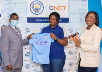 Mr. Coulibaly Ibrahim, Ivorien Minister of Sports Advisor, Charlene Doukourou Captain of female football champion in IC & Maxime Peti, Head of PR QNET SSA.