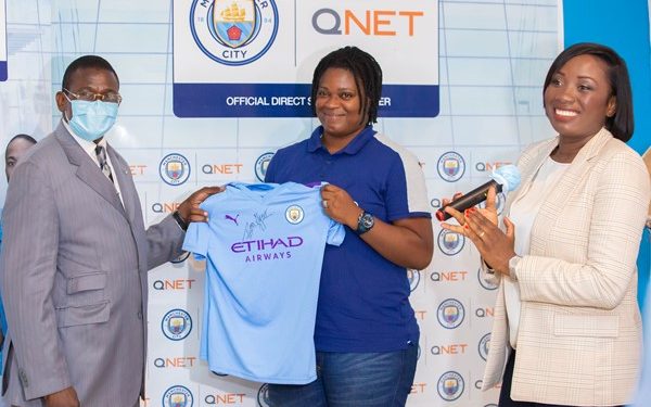 Mr. Coulibaly Ibrahim, Ivorien Minister of Sports Advisor, Charlene Doukourou Captain of female football champion in IC & Maxime Peti, Head of PR QNET SSA.