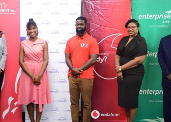 L-R:Vera Adomako-Nyantakyi, Chief Commercial Officer, Prudential Life Insurance Ghana.Leona Lilian Abban, Country Manager, MicroEnsureMartison Obeng-Agyei, Director of  Voda Cash, Vodafone Ghana.Solace Odamtten-Sowah, General Manager, Operations, Enterprise Life Insurance GhanaFrancis Akoto Yirenkyi, General Manager, Distribution, Enterprise Life Insurance Ghana