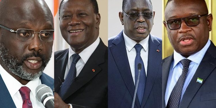 From left:  President of Liberia, George Weah, President of Cote d'Ivoire, Alassane Ouattara, President of Senegal, Macky Sall and President of Sierra Leone, Julius Maada Bio.