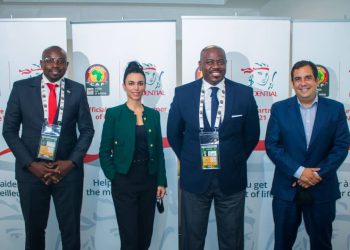Caption: L-R: Brain Nkwenti, CEO Prudential Beneficial Cameroon, Sandra Latorre, Chief of Staff and General Secretary Office, Confederation of African Football (CAF), Eric Mboma, Chief Representative Officer Prudential Northern Africa Region, Javier Oleo, Marketing and Partnership Director, Confederation of African Football (CAF) at the press conference to announce Prudential's sponsorship of African cup of nations (AFCON) in Douala Cameroon.