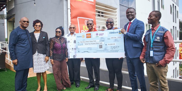 From left to right: DGE David Amankwah; Mrs. Charity Nikoi, UNICEF; PAG Theresa Osei Tutu; PDG Adotei Brown; PDG Winfred A. Mensah; Ghana National Polio Plus Committee Chairperson, PAG Nana Yaa Siriboe; District Governor, Rotary District 9102, Victor Yaw Asante; and Dr. Michael Rockson Adjei, WHO.