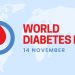 World diabetes day awareness poster. blood drip symbol inside blue circle ring logo badge design on world map background vector illustration (World diabetes day awareness poster. blood drip symbol inside blue circle ring logo badge design on world map