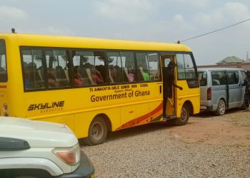 Students of the Krobea Asante technical vocational school in the bus