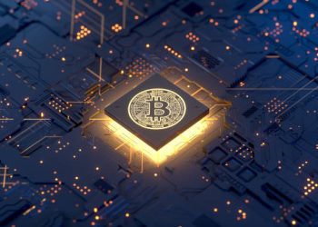 Bitcoin on motherboard,3d rendering,conceptual image.