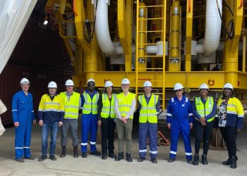 Tullow Ghana Limited Leadership Team with the engineers of the Orsam Fabrication Yard in Takoradi