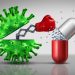 Antibiotic resistant virus as a deadly mutated viral cell attacking a pharmaceutical pill with a punch as a medical pathology disease risk as a 3D illustration