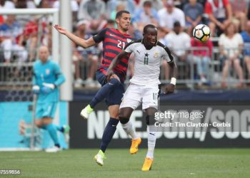 EAST HARTFORD, CONNECTICUT- July 1st:  Matt Hedges #21 of the United States challenges Raphael Dwamena #11 of Ghana during the United States Vs Ghana International Soccer Friendly Match at Pratt & Whitney Stadium on July 1st 2017 in East Hartford, Connecticut. (Photo by Tim Clayton/Corbis via Getty Images)
