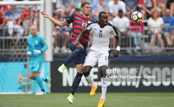 EAST HARTFORD, CONNECTICUT- July 1st:  Matt Hedges #21 of the United States challenges Raphael Dwamena #11 of Ghana during the United States Vs Ghana International Soccer Friendly Match at Pratt & Whitney Stadium on July 1st 2017 in East Hartford, Connecticut. (Photo by Tim Clayton/Corbis via Getty Images)