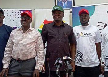 Sports Minister Mustapha Ussif (middle right) and 13th African Games LOC Chairman Dr. Kwaku Ofosu- Asare (middle left) at the launch of the 2023 NISAC.