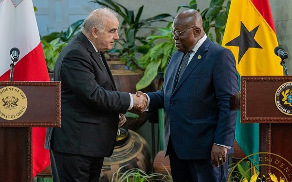 President Akufo-Addo (right) in a handshaker with George William Vella (left), President of Malta.