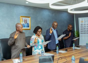 Swearing in of MIIF's Audit Committee at the head office of the fund in Accra. From left is Mr Fiam-Coblavie, an Auditor and Chartered Accountant, Madam Christiana Sakyibea Dei, Director at the Ministry of Fisheries, Mr Emmanuel Nii Noi Dowuona, a nominee from the Internal Audit Agency and Mr Hayford Amoh, Director of the Internal Audit at the Ministry of Finance. Online for the swearing-in (via Microsoft Teams) was Madam Felicia Ashley, Director of Human Capital and Administration at the Ministry of Finance