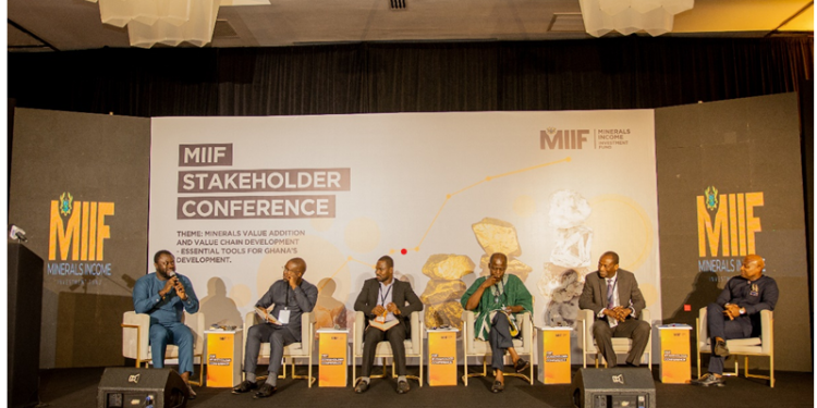From left to right: Dr. Kwasi Ampofo, Head of Metals and Mining, BloombergNEF (moderating the panel conversation); Edward Nana Yaw Koranteng, CEO of MIIF, Mr. Denis Gyeyir, Africa Senior Programme Officer, Natural Resource Governance Institute; Dr. Steve Manteaw, Co-Chair, Ghana Extractive Industry Transparency Initiative (GHEITI); Mr. Frederick Attakumah, Ghana Country Director, Asante Gold Corporation; Mr. Kwaku Ampromfi, Group CEO, McDan Group.
