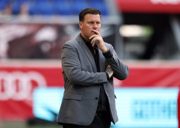 May 22, 2022; Harrison, New Jersey, USA; Racing Louisville FC head coach Kim Bjorkegren  looks on in the first half against the New Jersey/New York Gotham FC at Red Bull Arena. Mandatory Credit: Vincent Carchietta-USA TODAY Sports