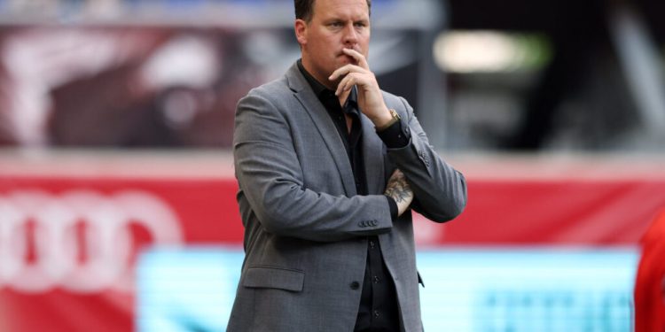 May 22, 2022; Harrison, New Jersey, USA; Racing Louisville FC head coach Kim Bjorkegren looks on in the first half against the New Jersey/New York Gotham FC at Red Bull Arena. Mandatory Credit: Vincent Carchietta-USA TODAY Sports