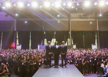 Group Chairman, United Bank for Africa(UBA), Mr. Tony O. Elumelu; CEO, UBA Africa, Mrs Abiola Bawuah; and GMD/CEO, UBA Group, Mr. Oliver Alawuba, flanked by graduates of the Bank's Graduate Management Accelerated Programme(GMAP) Class of 2025, at the graduation ceremony held for over one thousand trainees from across Africa in Lagos on Wednesday