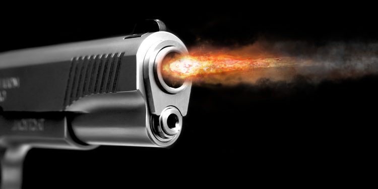 A fire from the gun after the shot. Gunshot