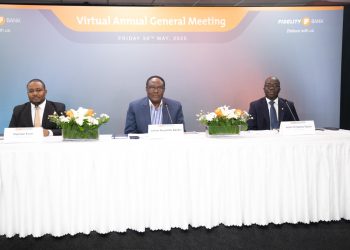 L-R Raphael Kumi, Ag. Group Head, Legal and Company Secretary, James Reynolds Baiden, Board Chairman and Julian Opuni, Managing Director, Fidelity Bank Ghana at the 2025 AGM
