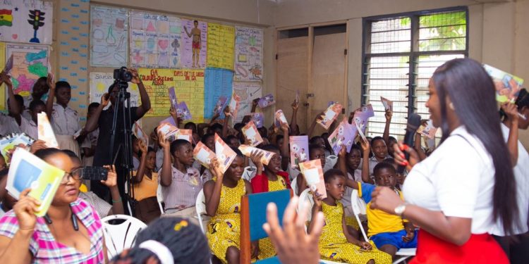 Executive Director for Ghana Foundation for Sickle Gene Action, Victoria Awo Twumasi, addressing the pupils prior to the screening exercise.