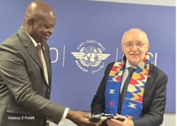 Ghana’s Minister for Transport, Hon. Joseph Bukari Nikpe (left), with ICAO Council President Salvatore Sciacchitano during the 42nd ICAO Assembly in Montréal, Canada.