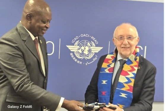Ghana’s Minister for Transport, Hon. Joseph Bukari Nikpe (left), with ICAO Council President Salvatore Sciacchitano during the 42nd ICAO Assembly in Montréal, Canada.
