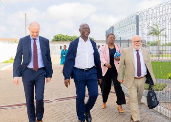 From left to right: Jakob Linulf, Danish Ambassador to Ghana; Moses Kwesi Baiden Jnr., CEO of Margins ID Group; Jørgen Østergård Bollesen, Head of Trade; and Linda Kafui Abbah-Foli, Commercial Advisor at the Danish Embassy, walking on the premises of Intelligent Card Production Systems (ICPS) en route to the factory.
