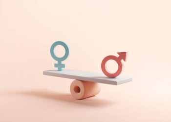 Gender equality concept. Male and female symbol on the scales with balance on blue background. minimal style, 3d render.