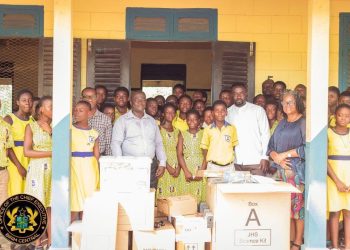 MCE for Birim Central, Solomon Brako Kusi, in picture with some students of Freeman Methodist JHS