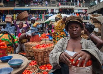 A market woman selling tomatoes in one of Ghana's market