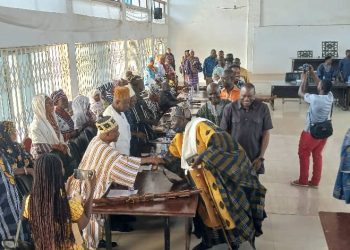 Minister for Local Government, Chieftaincy and Religious Affairs, Ahmed Ibrahim (third from right), exchanges greetings with members of the Upper West Regional House of Chiefs in Wa.