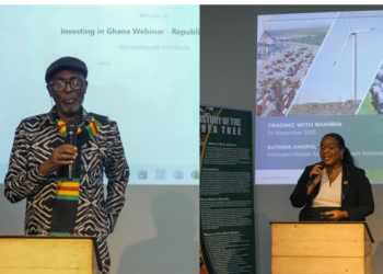 from left): H.E. High Commissioner Alhaji Harruna Attah drives home a point; Ms. Katrina Amupolo (Manager: MSME Market Access and Export Promotion at Namibia Investment Promotion and Development Board) at the November in Namibia Business Forum