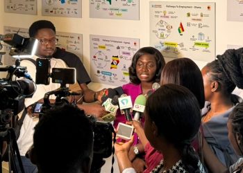 Mercy Kusiwaa Frimpong, Strategy Custodian (Communications), speaking to the press at the Pathways to Employment Media Roundtable