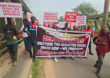 Cocoa farmers in the Western North Region protesting cocoa price cut