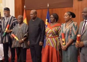 newly sworn-in envoys with President John Dramani Mahama and Vice President Jane Naana Opoku Agyemang