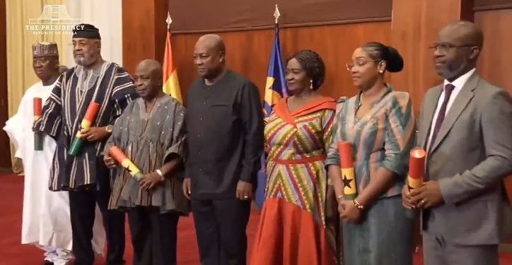 newly sworn-in envoys with President John Dramani Mahama and Vice President Jane Naana Opoku Agyemang