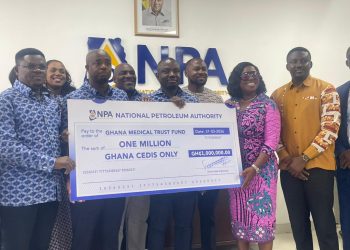 Administrator of the Ghana Medical Trust Fund, Obuobia Darko-Opoku [in purple], with Chief Executive Officer of the NPA, Godwin Edudzi Tameklo and other officials