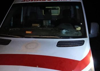 The cracked windscreen of the Ambulance