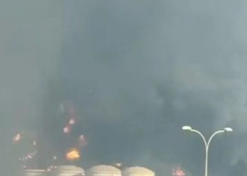 A plume of smoke rises from oil storage facilities at the Port of Salalah in Raysut, Oman in this screengrab from video obtained from social media and released on March 11, 2026 [Social Media/Handout via Reuters]