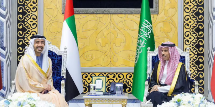 Saudi Foreign Minister Faisal bin Farhan al Saud receives United Arab Emirates' Deputy Prime Minister and Minister of Foreign Affairs Sheikh Abdullah bin Zayed Al Nahyan ahead of an exceptional meeting of the Gulf Cooperation Council (GCC), the first in-person meeting of Gulf leaders since their states became a front in the Iran