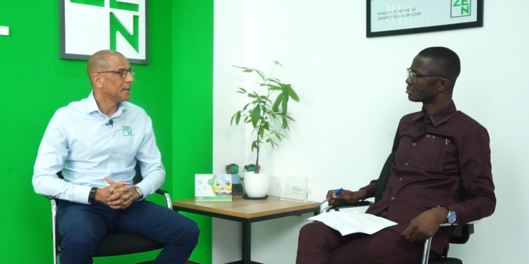 Founder and Chief Executive Officer of ZEN Petroleum Holdings PLC, William Tewiah [left], with Host of Point of View, Channel One TV [right], Bernard Avle