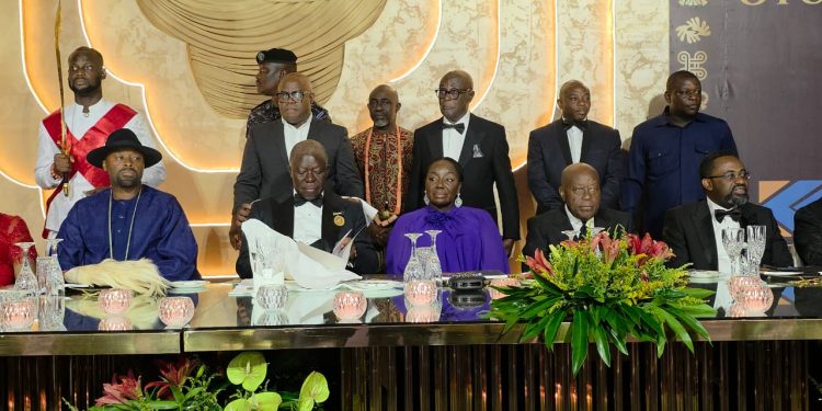 Asantehene, Otumfuo Osei Tutu II, with his wife, Lady Julia, former President Nana Addo Dankwa Akufo-Addo, Governor of Bank of Ghana, Dr. Johnson Asiama and Olu of Warri, Ogiame Atuwatse III