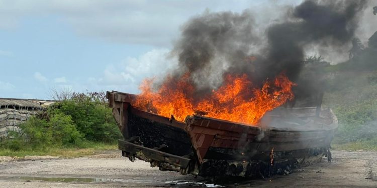 One of the burnt illicit bunkering vessels