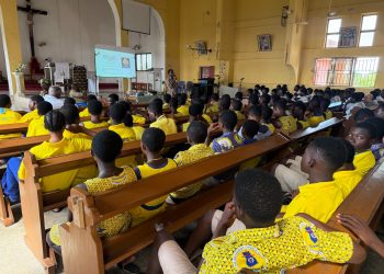Pupils in the Anomabo Catholic church participating in the sensitisation session on responsible festival participation